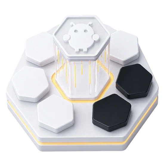 White hexagonal base with white and black hex tiles; central transparent hexagonal column glowing yellow.