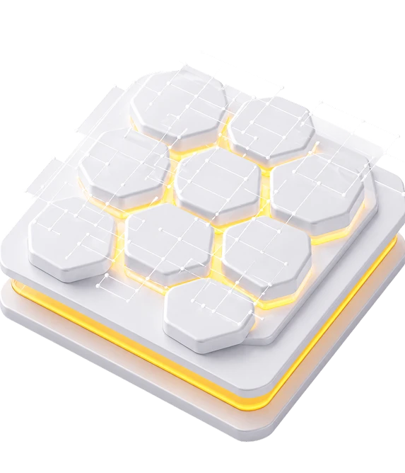 White hexagonal tiles arranged in a square grid on a layered gray platform with a yellow glow between the tiles.
