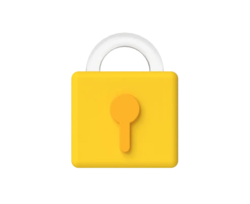 Yellow padlock with a white U-shaped shackle and orange keyhole on the front.