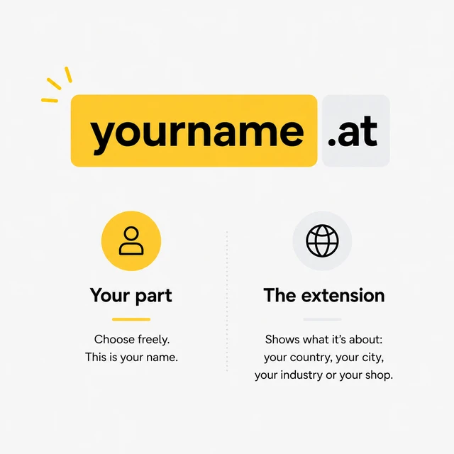 Logo 'yourname.at' featuring a yellow rounded rectangle and gray square; two sections show a yellow circle with Do and globe icon.