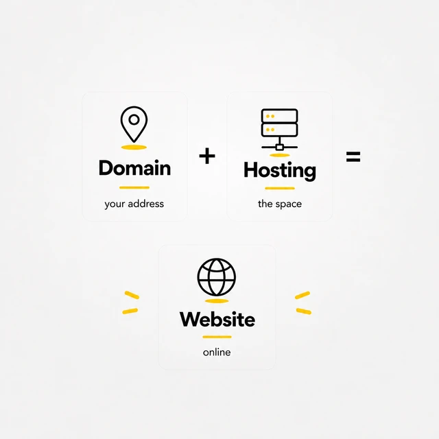 Domain and Hosting cards with icons, plus sign and equals sign, leading to Website card with globe.