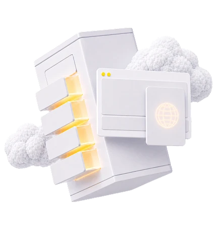 White modular device with yellow indicator lights and a globe icon panel, near fluffy white clouds.