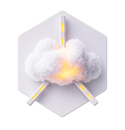 White hexagonal platform with a fluffy cloud of smoke and three illuminated white bars with yellow glow.