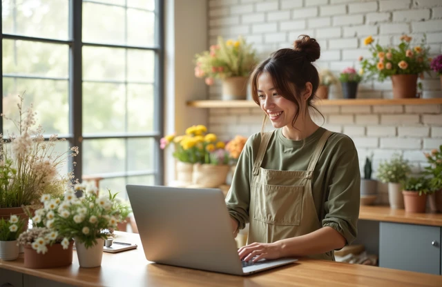 Smiling woman in a green apron sits at a wooden table with a laptop, with potted flowers on shelves behind.