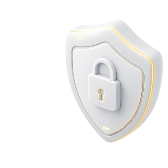 White shield with a central padlock, 3D rendering.