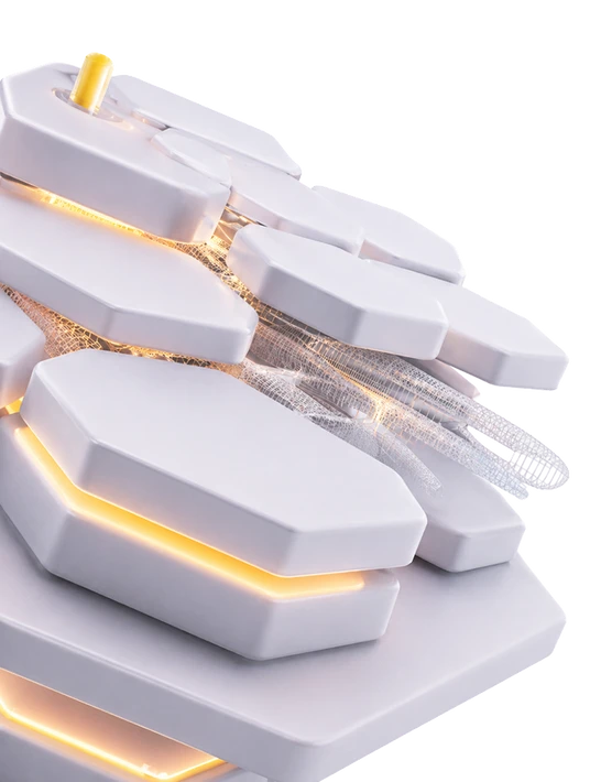 White keyboard keys stacked in a stepped arrangement with orange edge lighting.