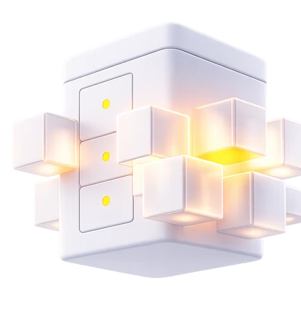 White cube-shaped lamp with smaller cubes attached around its sides, glowing yellow light.