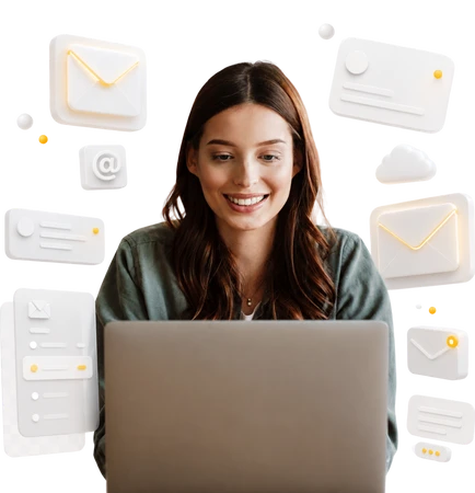 Smiling woman sits at a laptop, surrounded by floating white email and message icons.