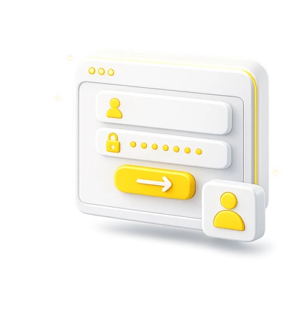 White 3D login panel with a user icon field, password dots, a yellow lock icon, and a yellow arrow button.