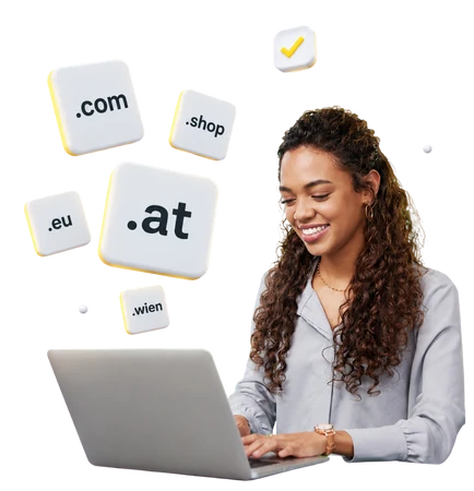A woman using a laptop with floating tiles showing domain extensions such as .com, .shop, .at, .eu.