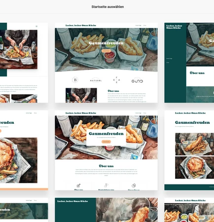 Grid of website design mockups featuring food photos and menu-style layouts in teal and white.