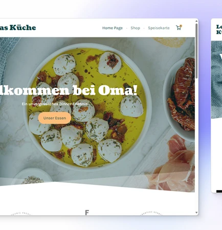 Screenshot of a German recipe site showing a plate of dumplings in a yellow bowl with the text Willkommen bei Oma!