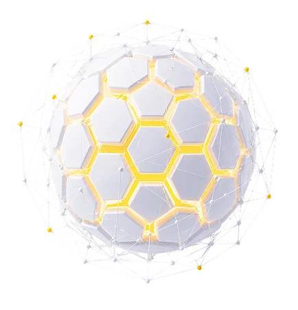 White geodesic sphere with glowing yellow-edged hexagonal panels, surrounded by a wireframe mesh.