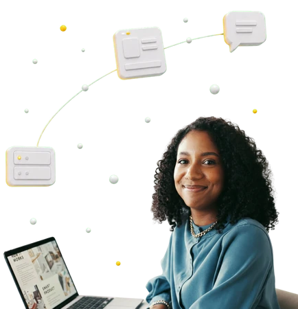 Smiling woman with curly hair wearing a blue top, seated, with floating UI icons and chat bubbles around.
