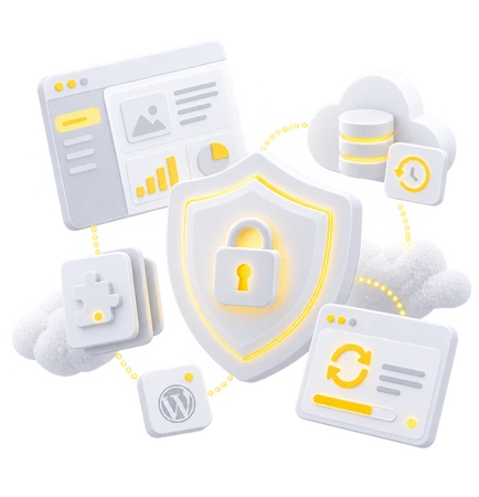 Illustration of a yellow and white shield with a lock, surrounded by cloud, dashboard panels, and database icons.