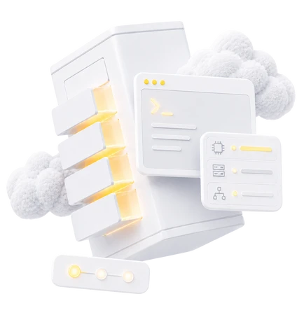 White, futuristic server-like box with glowing orange slots and two floating UI panels.