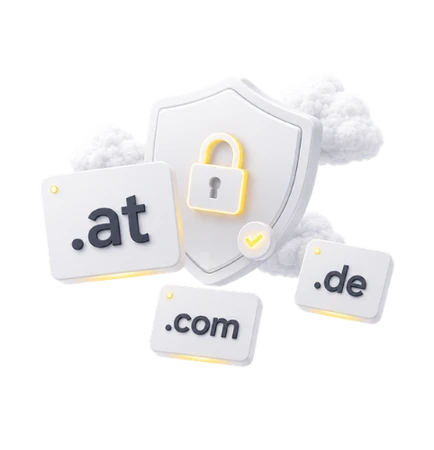 Shield icon with a yellow padlock and floating tiles showing .at, .de, .com.