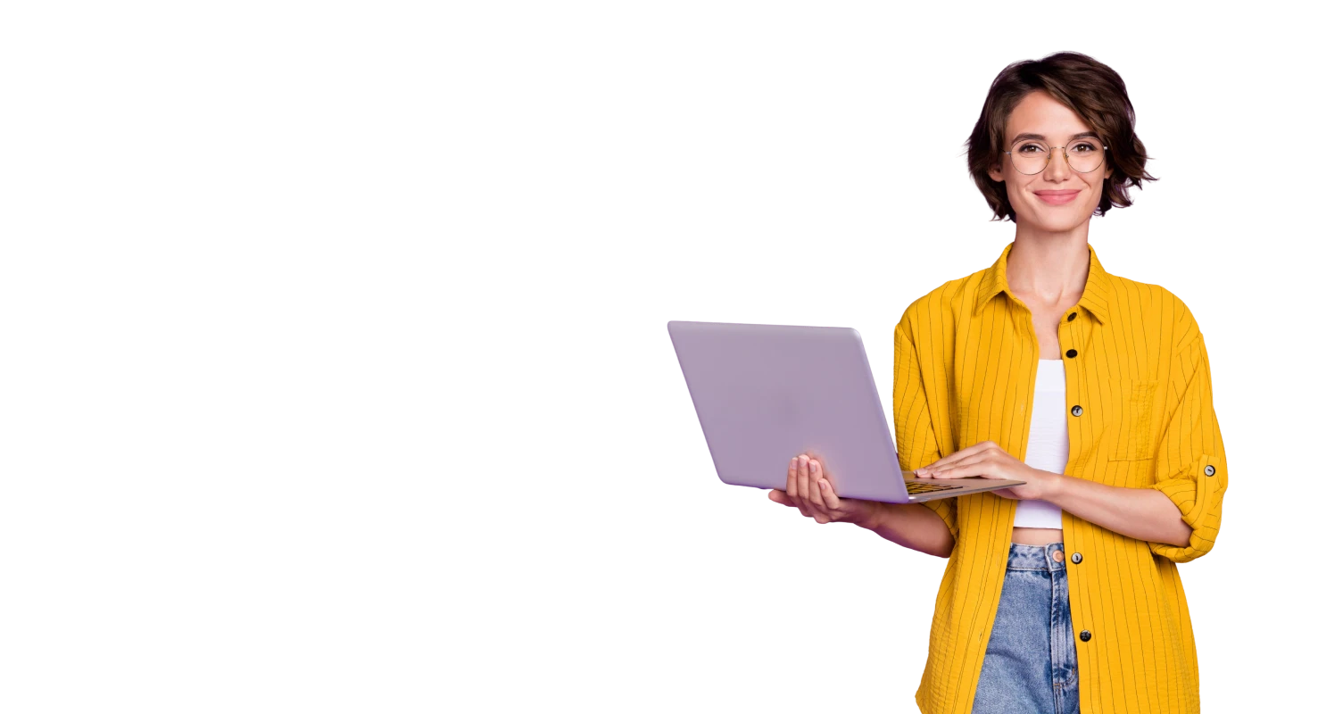 Smiling woman with short brown hair in a yellow jacket holds a purple laptop.