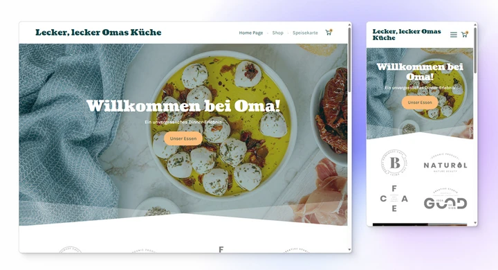 Screenshot of a German recipe site showing a plate of dumplings in a yellow bowl with the text Willkommen bei Oma!