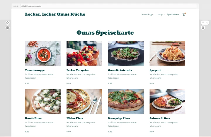 Omas Speisekarte page with a 2x4 grid of dish photos and captions in German.