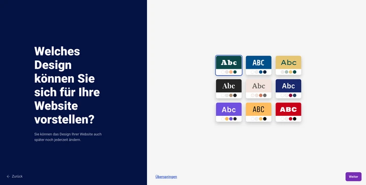 Split layout: left dark blue panel with white German text; right grid of rounded Abc swatches; purple button bottom-right.