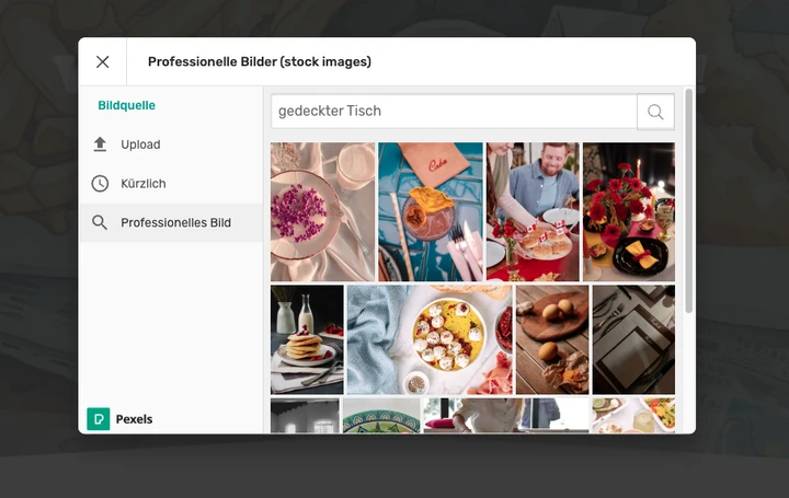 Screenshot of a stock photo UI with a search bar labeled 'gedeckter Tisch' and a grid of table-setting food images.