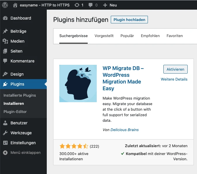 WordPress admin dashboard with Plugins page showing a WP Migrate DB card, Activate button, star rating, and left menu.
