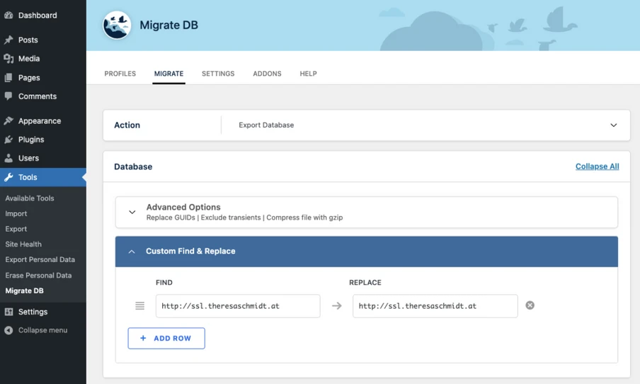 Migrate DB UI: left sidebar menu, header, and a Custom Find & Replace panel with FIND and REPLACE fields.