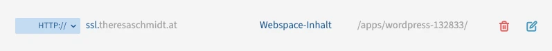 URL bar with http:// and ssl.theresaschmidt.at, tab Webspace-Inhalt, path /apps/wordpress-132833/, icons on the right.