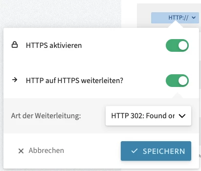 Modal mit zwei grünen Toggles: HTTPS aktivieren; HTTP auf HTTPS weiterleiten?, Dropdown HTTP 302, Abbrechen und Speichern