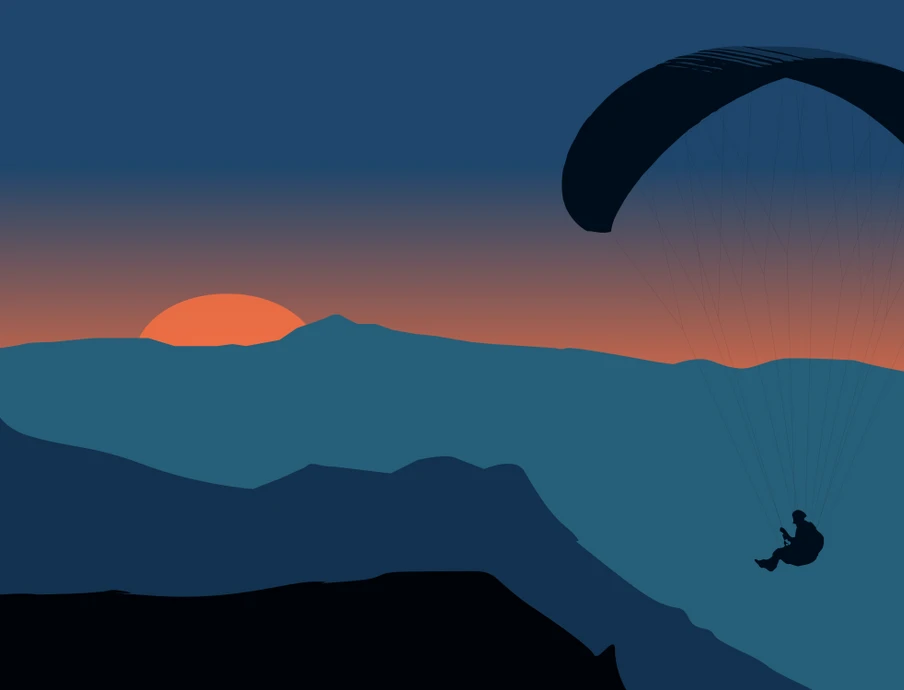 Sun on the horizon with orange glow, layered blue mountains, and a paraglider in the sky.