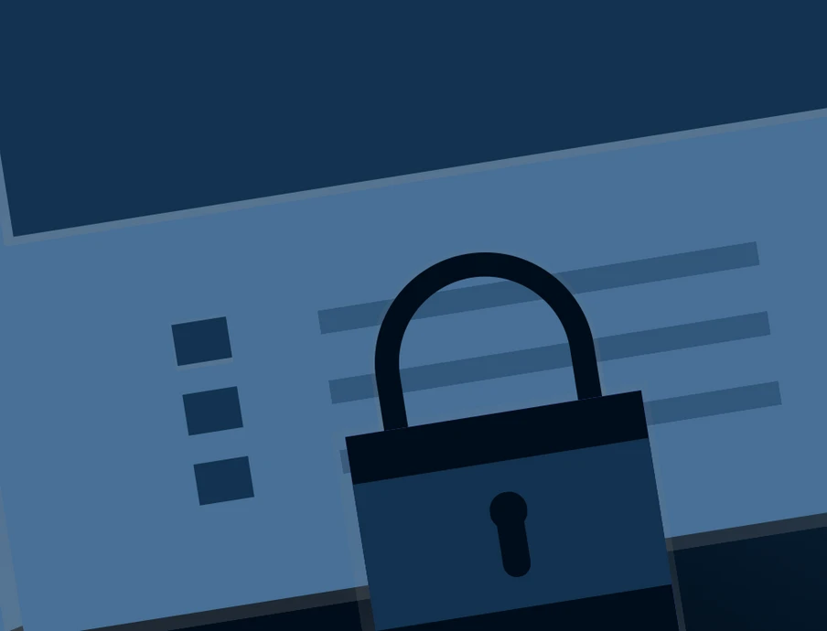 Blue illustration of layered web pages with a central padlock icon.