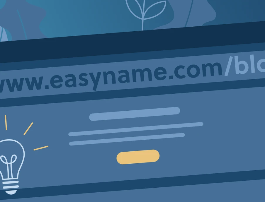 Blue browser window with URL www.easynname.com/blog, text lines, a yellow button, and a lightbulb icon.