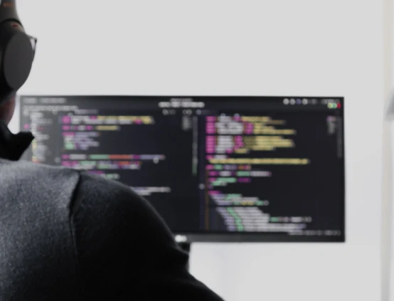 Person wearing headphones sits at a desk, facing a monitor displaying code, with a desk lamp nearby.