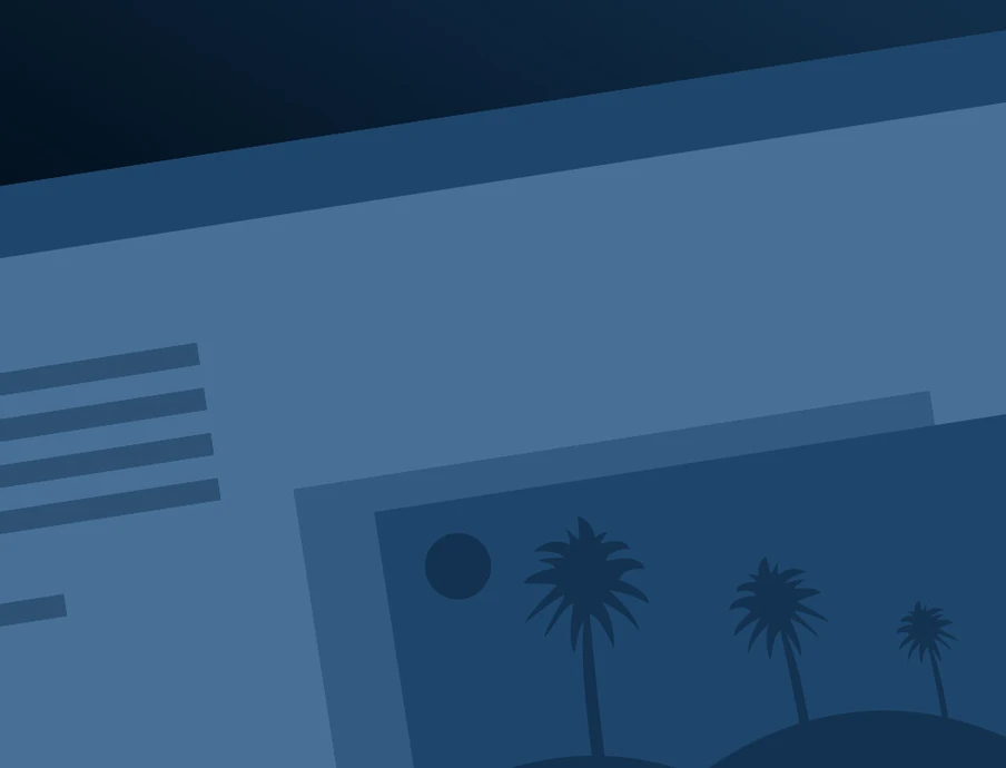 A computer window with text lines and a palm-tree image; a person reaches toward the window.