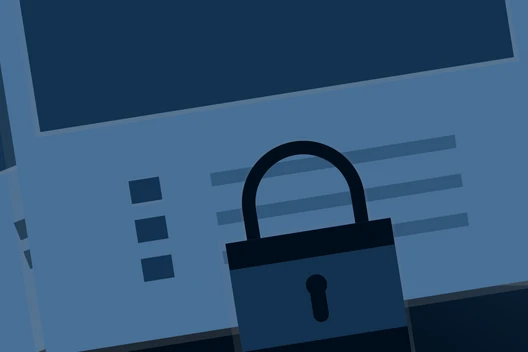Blue illustration of layered web pages with a central padlock icon.